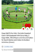 Gaga Ball Pit for Kids – Portable 15 ft Court with Bag, Balls & Stakes (Green) (3490)