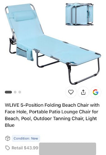 WLIVE 5‑Position Folding Beach/Patio Lounge Chair with Face Hole (Light Blue) (3490)