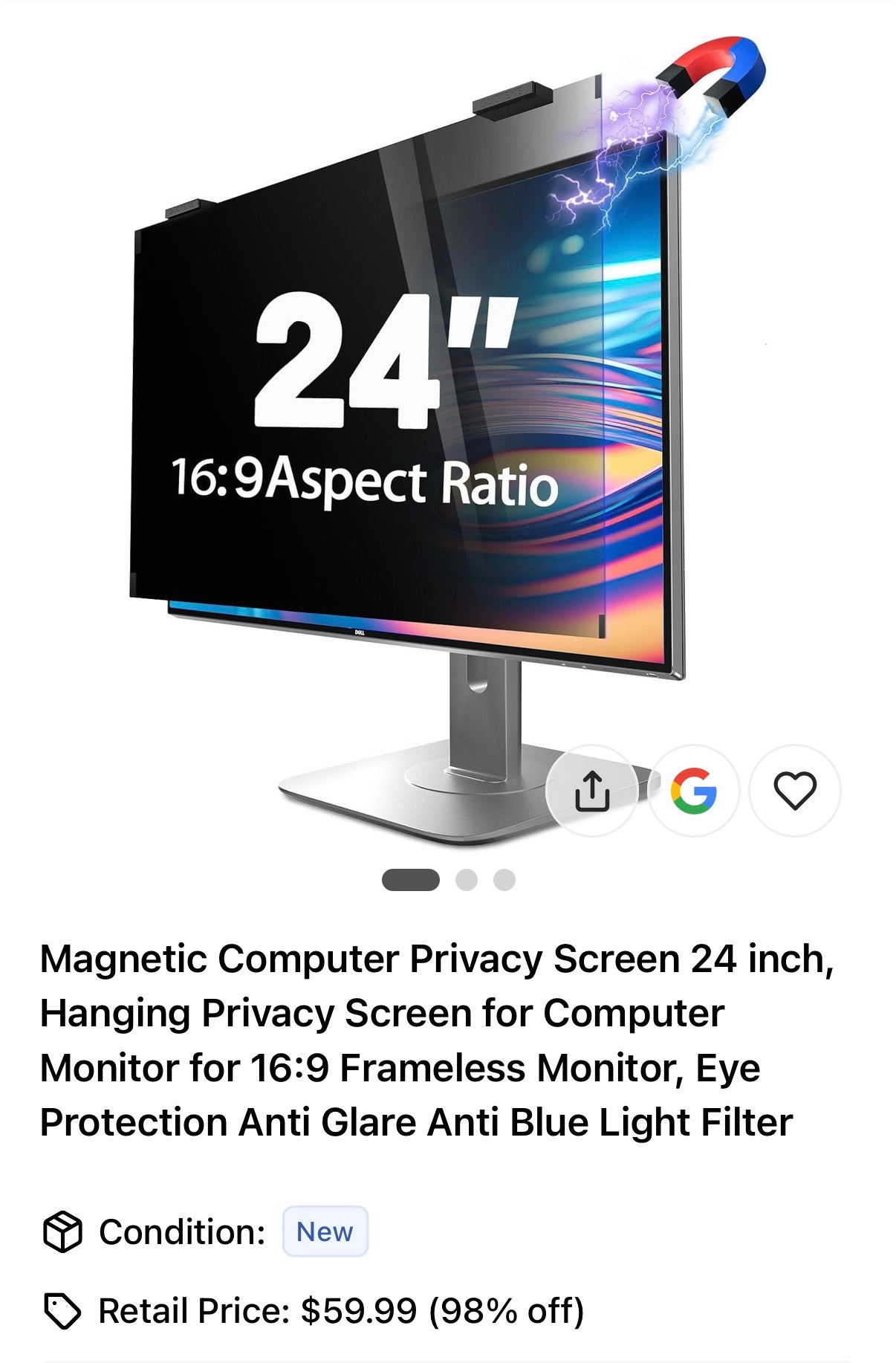 New Magnetic Computer Privacy Screen 24 inch