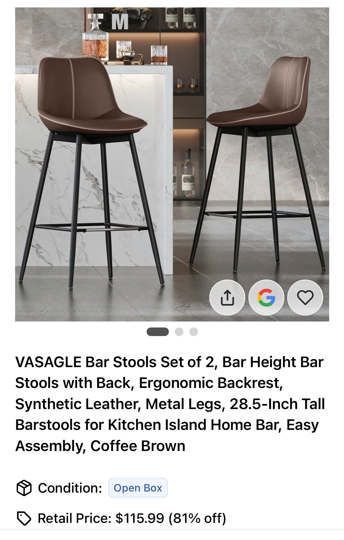 New VASAGLE Bar Stools Set of 2