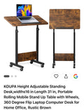 Rolling Adjustable Laptop Desk – Mobile Standing Table, Rustic Brown (KOUPA)