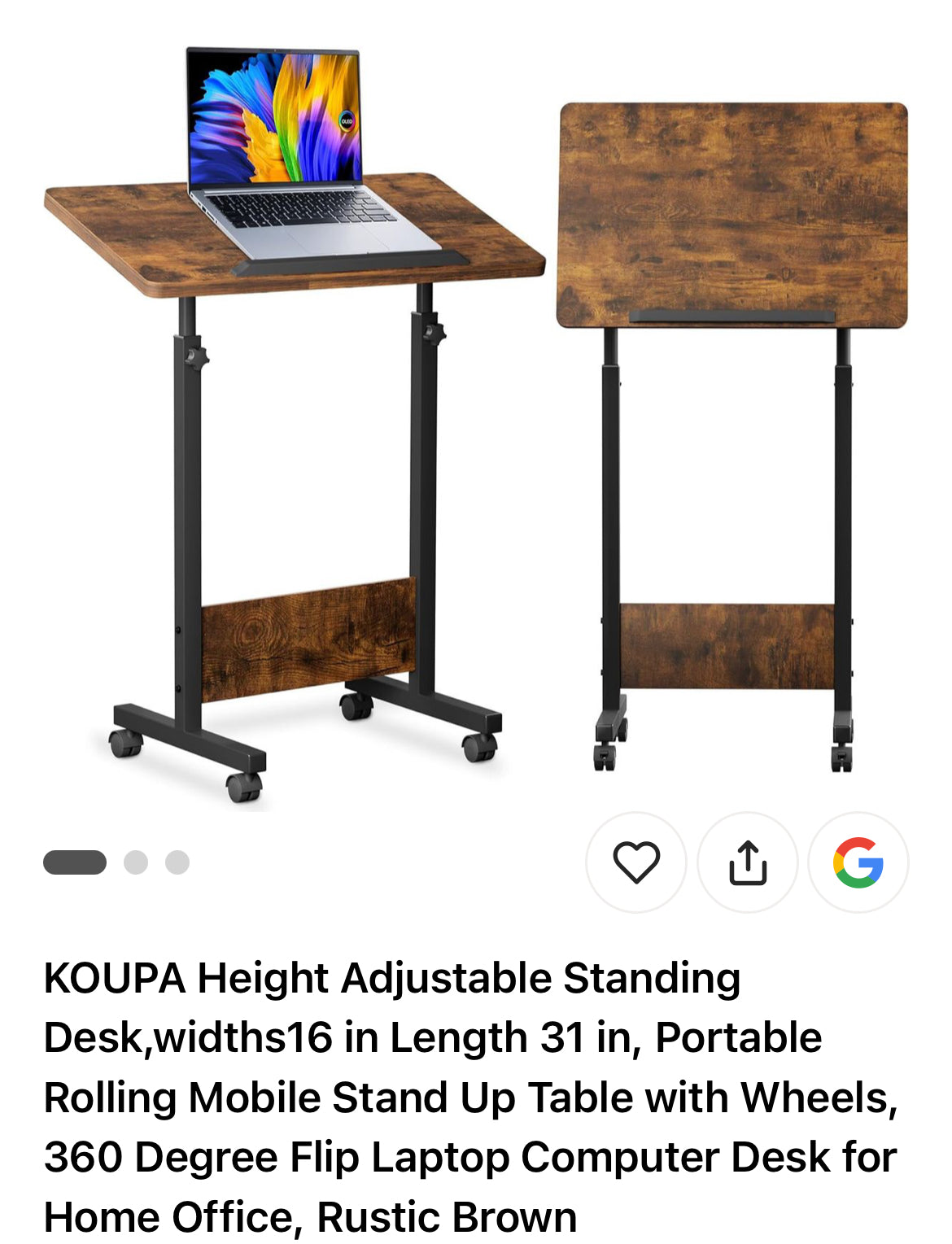 Rolling Adjustable Laptop Desk – Mobile Standing Table, Rustic Brown (KOUPA)